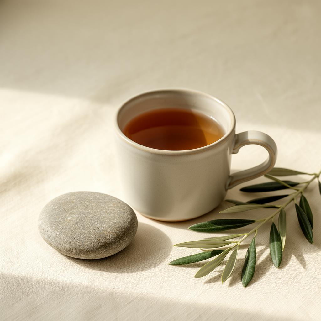 A ceramic mug of warm tea, a smooth river stone and an olive sprig on cream linen